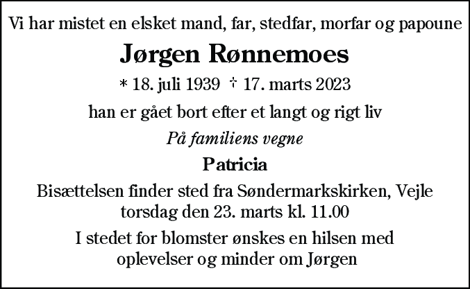Dødsannonce for Jørgen Rønnemoes
