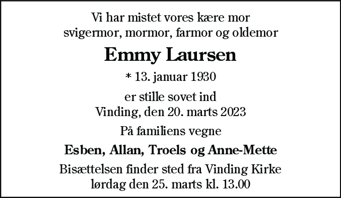 Dødsannonce for Emmy Laursen
