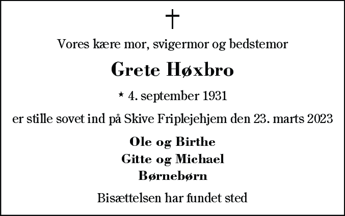 Dødsannonce for Grete Høxbro