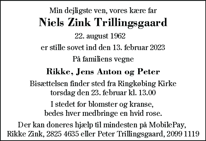 Dødsannonce for Niels Zink Trillingsgaard