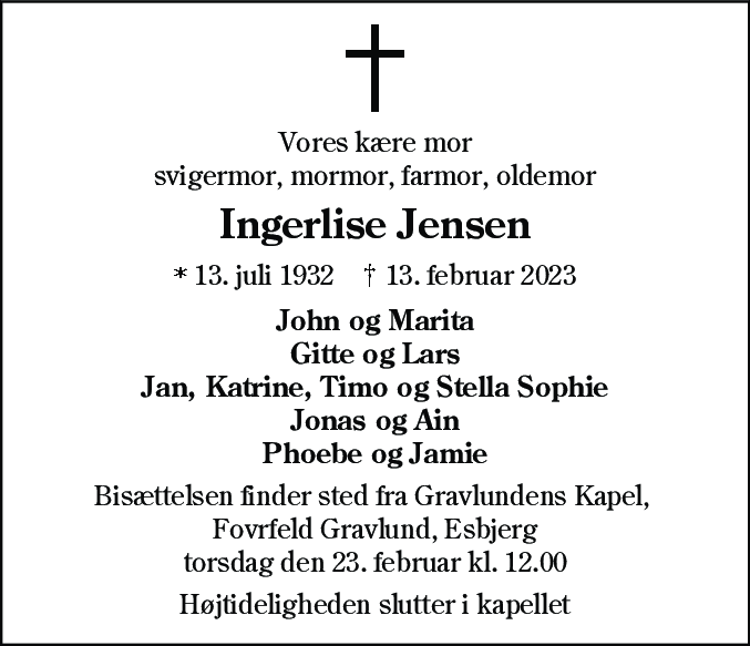 Dødsannonce for Ingerlise Jensen