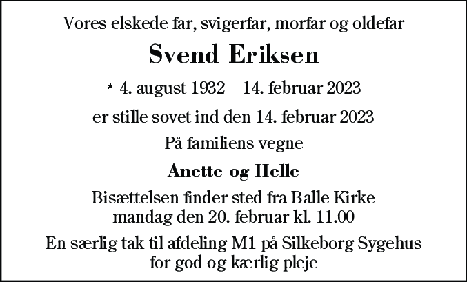 Dødsannonce for Svend Eriksen