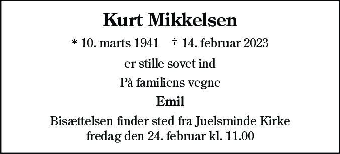 Dødsannonce for Kurt Mikkelsen