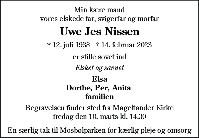 Dødsannonce for Uwe Jes Nissen