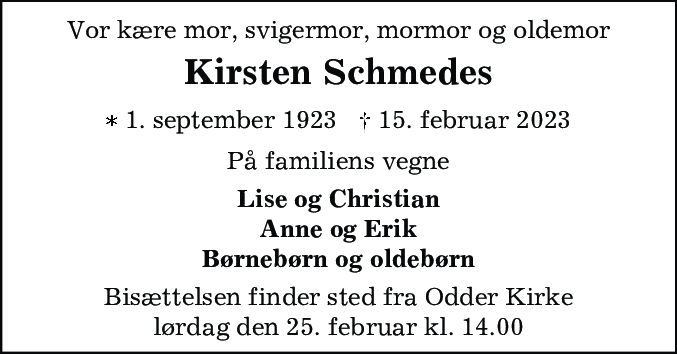 Dødsannonce for Kirsten Schmedes
