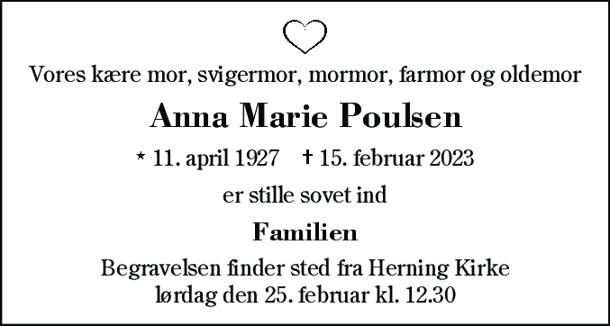 Dødsannonce for Anna Marie Poulsen
