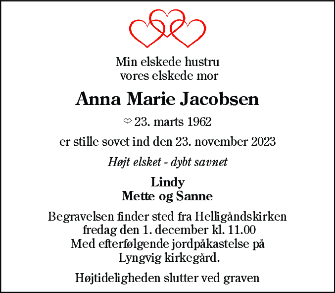 Dødsannonce for Anna Marie Jacobsen