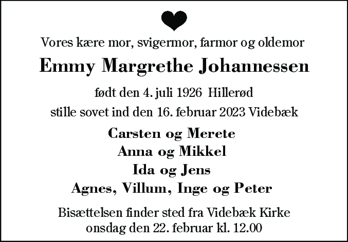 Dødsannonce for Emmy Margrethe Johannessen