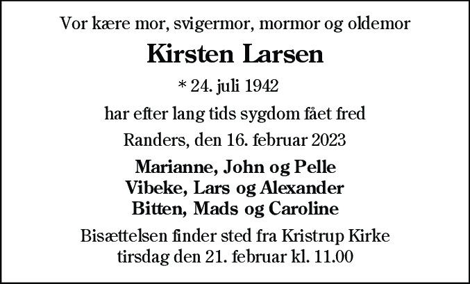Dødsannonce for Kirsten Larsen