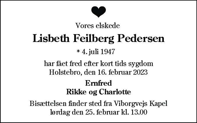 Dødsannonce for Elisabeth Feilberg Pedersen