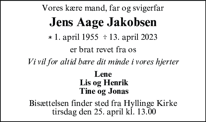 Dødsannonce for Jens Aage Jakobsen