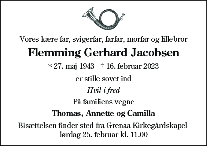 Dødsannonce for Flemming Gerhard Jacobsen