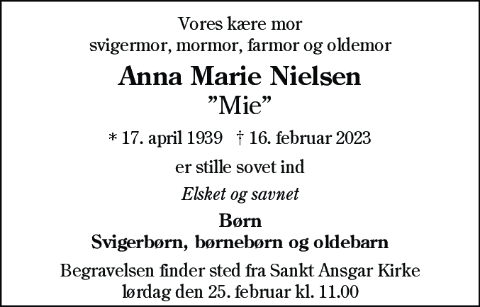 Dødsannonce for Anna Marie Nielsen