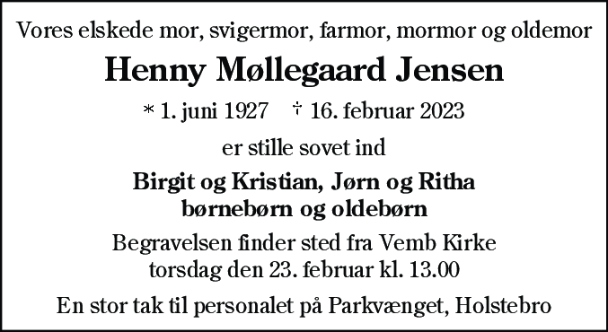 Dødsannonce for Henny Møllegaard Jensen