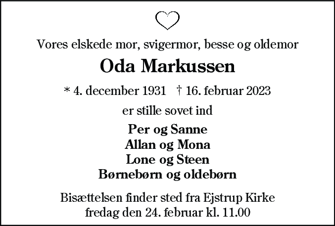 Dødsannonce for Oda Markussen