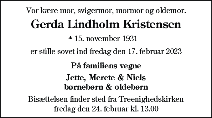 Dødsannonce for Gerda Lindholm Kristensen
