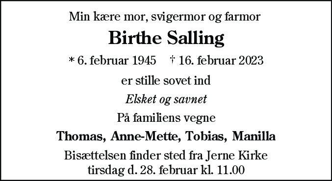 Dødsannonce for Birthe Salling