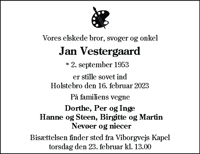Dødsannonce for Jan Vestergaard