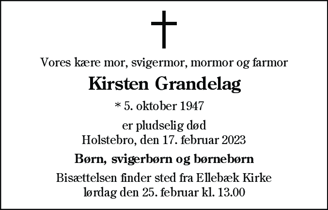 Dødsannonce for Kirsten Grandelag