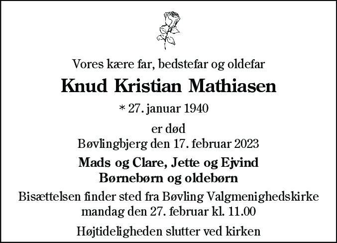 Dødsannonce for Knud Kristian Mathiasen