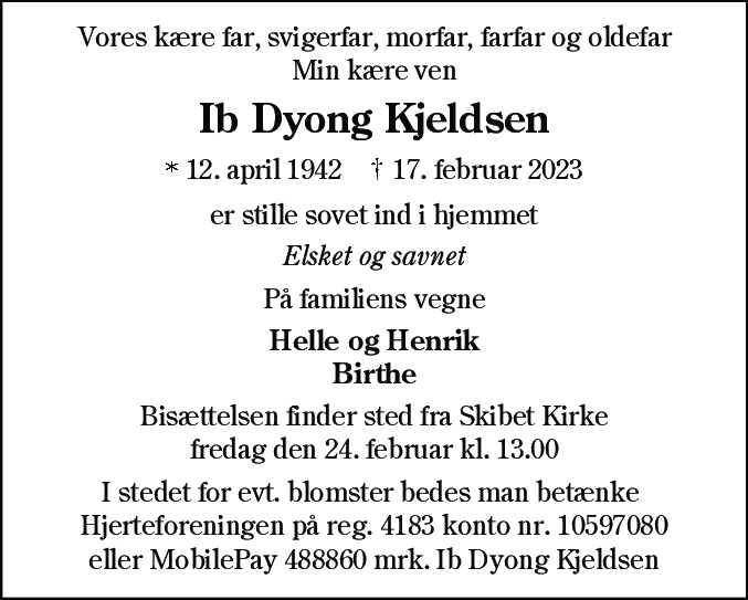 Dødsannonce for Ib Dyong Kjeldsen