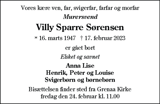 Dødsannonce for Villy Sparre Sørensen