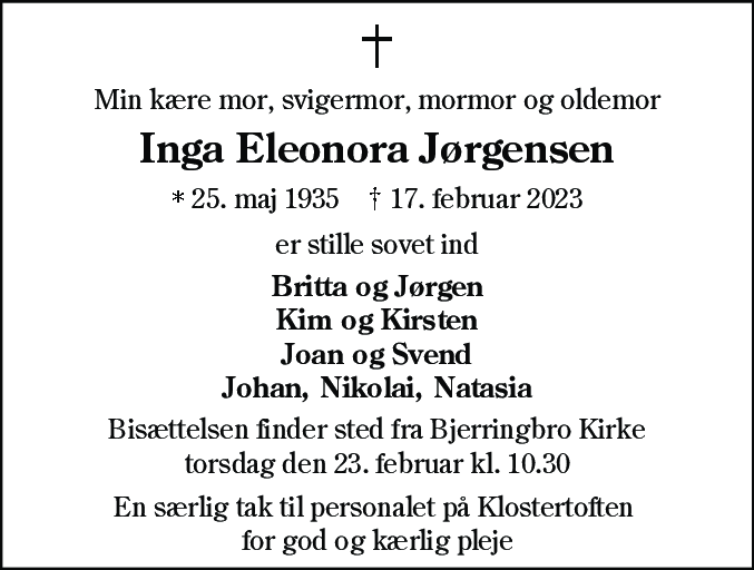 Dødsannonce for Inga Eleonora Jørgensen