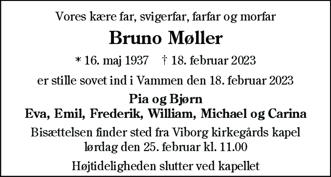 Dødsannonce for Bruno Møller