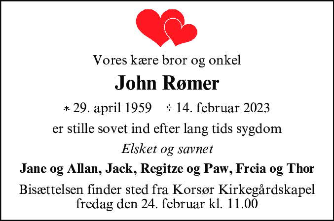 Dødsannonce for John Rømer
