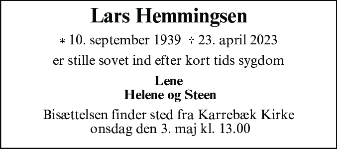 Dødsannonce for Hemming Lars Ethelfeld Hemmingsen