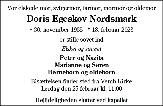 Dødsannonce for Doris Nordsmark