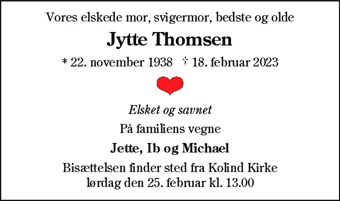 Dødsannonce for Jytte Thomsen