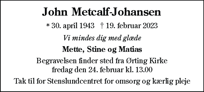 Dødsannonce for John Metcalf-Johansen