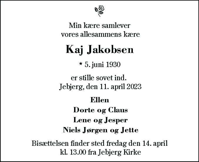Dødsannonce for Kaj Jakobsen