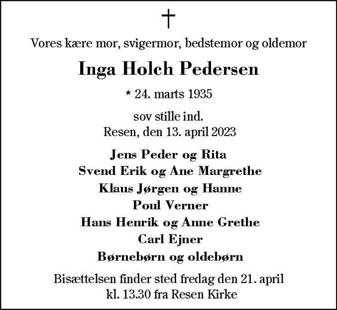 Dødsannonce for Inga Holch Pedersen