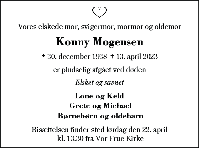 Dødsannonce for Konny Mogensen