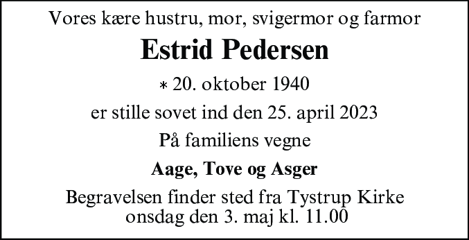 Dødsannonce for Estrid Pedersen