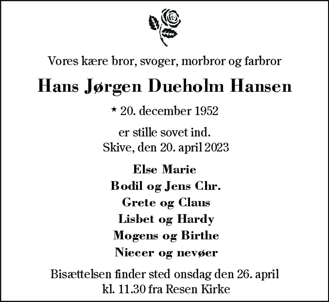 Dødsannonce for Hans Jørgen Dueholm Hansen