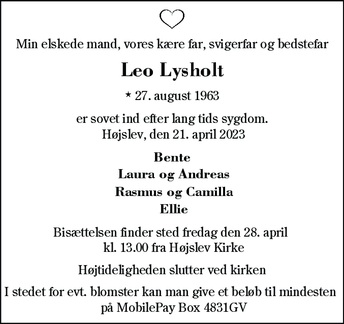 Dødsannonce for Leo Lysholt
