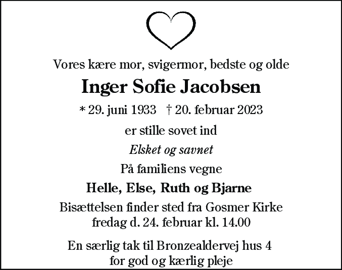 Dødsannonce for Inger Sofie Jacobsen
