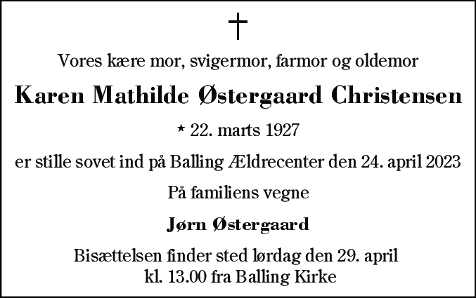 Dødsannonce for Karen Mathilde Østergaard Christensen