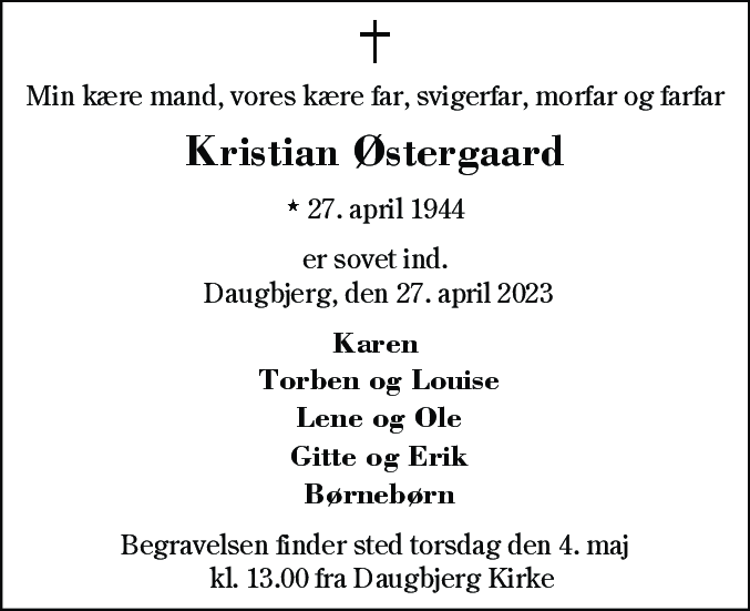 Dødsannonce for Kristian Østergaard