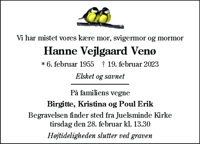 Dødsannonce for Hanne Vejlgaard Venø