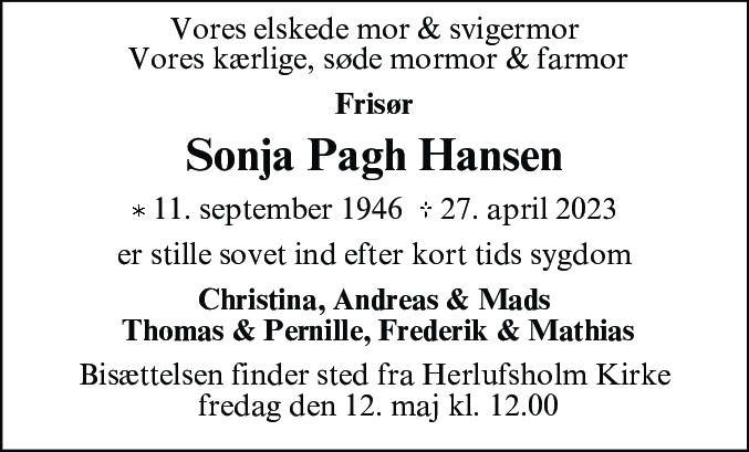 Dødsannonce for Sonja Pagh Hansen