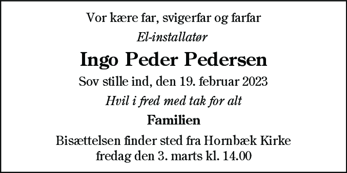 Dødsannonce for Ingo Peder Pedersen