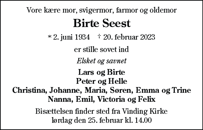Dødsannonce for Birte Seest