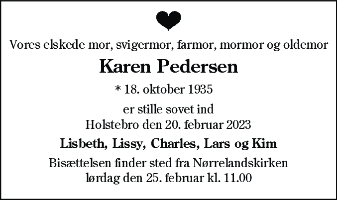 Dødsannonce for Karen Kristine Pedersen