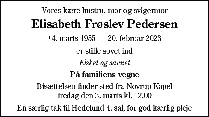 Dødsannonce for Elisabeth Pedersen