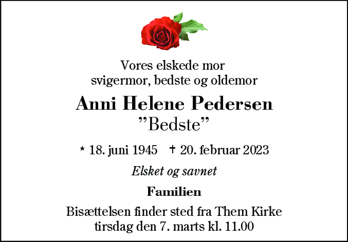Dødsannonce for Anni Helene Pedersen