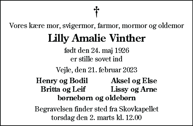 Dødsannonce for Lilly Amalie Vinther